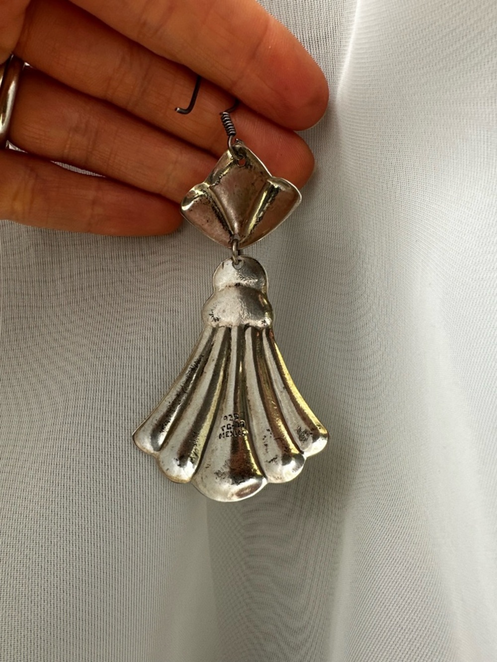 Sterling Silver Statement Drop Scalloped Fan Earrings - made in Mexico - Picture 6 of 6